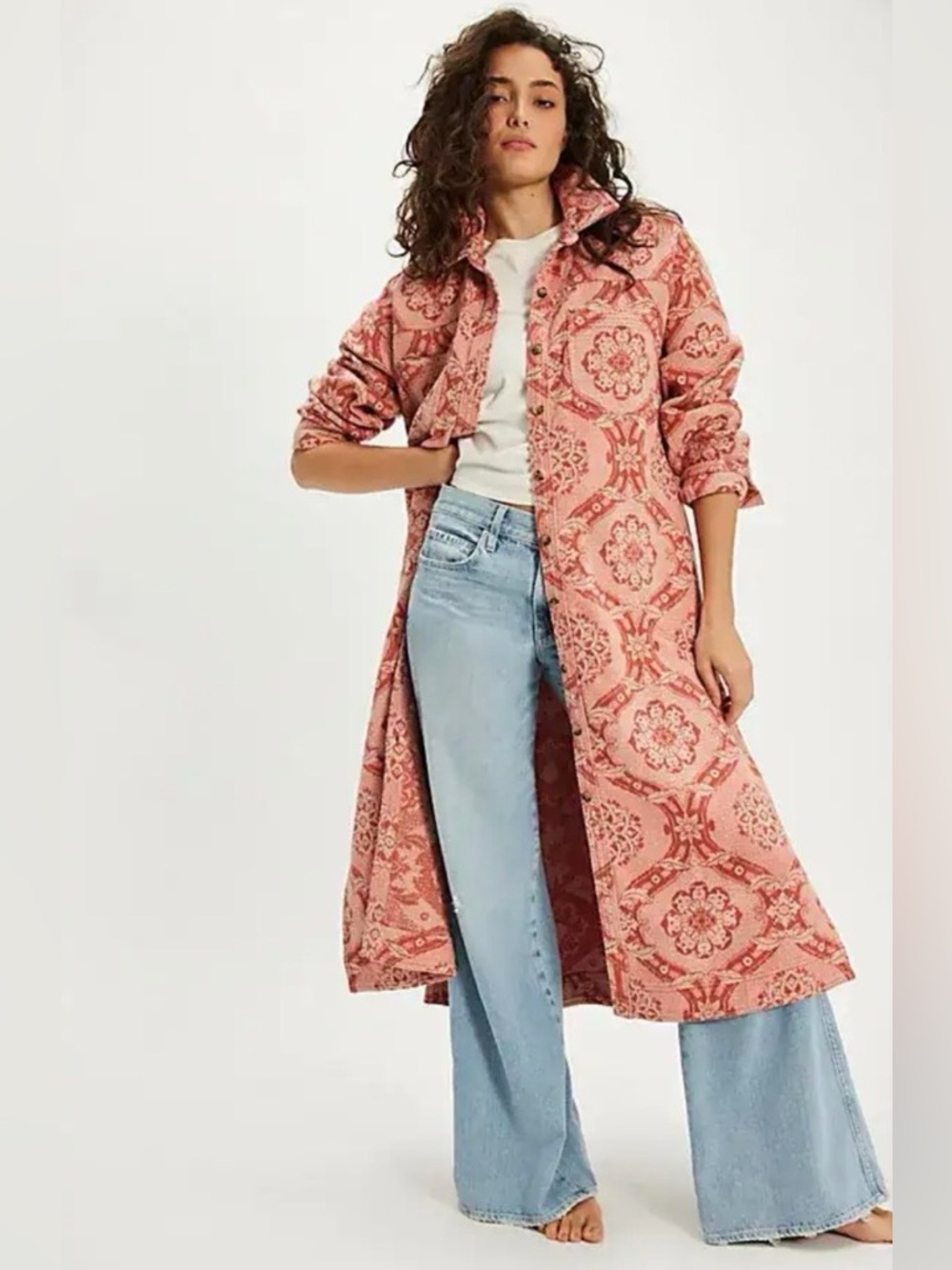 New Free People Brick Lane Jacquard Maxi Shirt Jacket Soft Pink Combo Size M